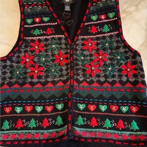 Women’s large Festive Holiday Sweater Vest with Red and Green Patterns